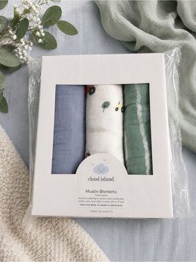 cloud island Muslin Blanket 3-Pack in Blue, White Print, Sage Green